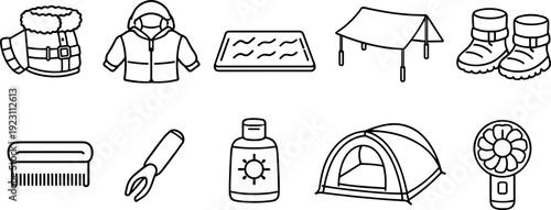Collection of camping and outdoor adventure gear icons in a simple line art style
