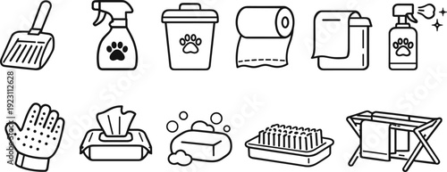 Collection of pet grooming and cleaning supplies icons for hygiene and care