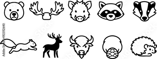 Collection of stylized North American wildlife icons in a simple black and white line art style