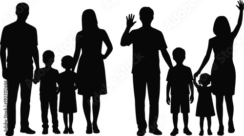 Family silhouettes with parents and children isolated on white background, happy mother father and kids standing together for parenting, community and lifestyle design