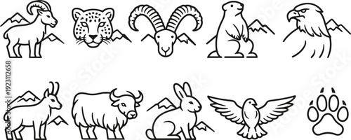 Collection of stylized mountain animals and birds in a simple line art style