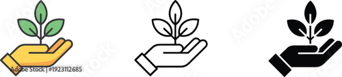 Hand holding plant icon set showing growth and sustainability symbols in color, outline, and solid styles, minimal flat vector isolated for eco, nature, and care concepts