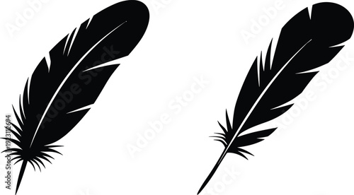 Elegant black feather silhouettes featuring classic quill shapes in minimal flat vector style, isolated on white background for writing themes, logos, tattoos, and decorative desig