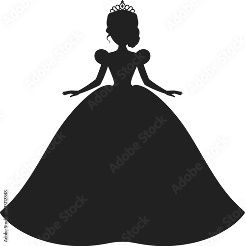 Princess silhouette in elegant ball gown with tiara isolated on white background, fairytale royal woman dress illustration for wedding, fashion and fantasy design