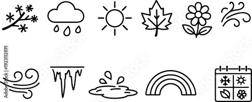 Collection of weather and season icons representing different atmospheric conditions and yearly cycles