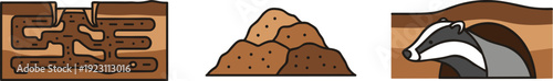 Illustration of animal burrows and a badger emerging from its sett