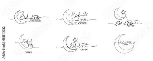 Eid Mubarak line art illustrations collection featuring moon, star, and crescent designs