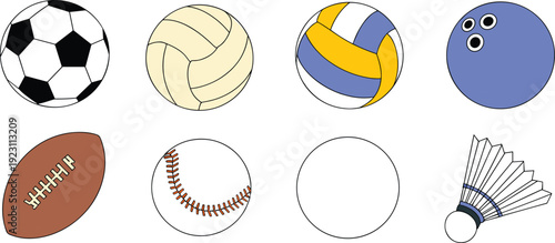 Set of sports balls and shuttlecock icons isolated on white background, including soccer, volleyball, bowling, baseball and football equipment in flat illustration style