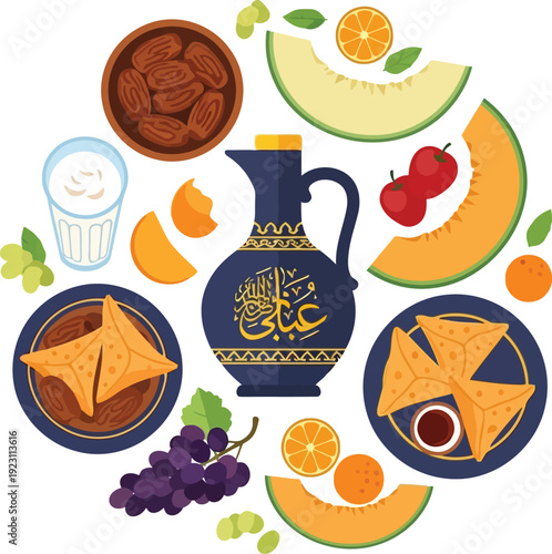 Traditional Middle Eastern Iftar Spread with Dates, Melon, and Samosas for Ramadan