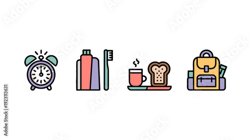 Early morning routine items, an illustration. 
