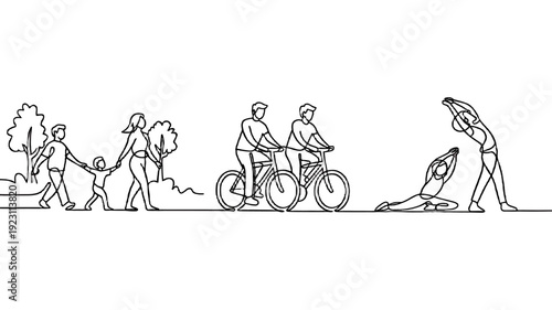 People engaging in different activities, from biking to yoga, under the warm sun.