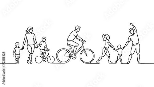 Family outdoor activities and cycling illustration.