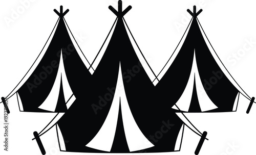 Three black and white circus tents with ropes and stakes in a row stripes