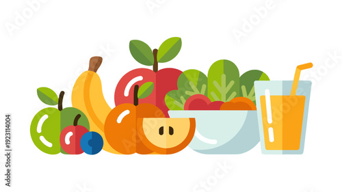 A vibrant and healthy assortment of fruit and a juice.