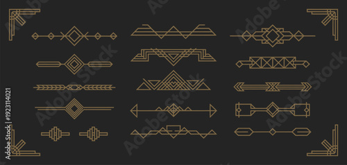 Art Deco border set featuring elegant geometric decorative frames in classic 1920s style with gold linear patterns, luxury vintage vector elements for wedding invitations and menus.
