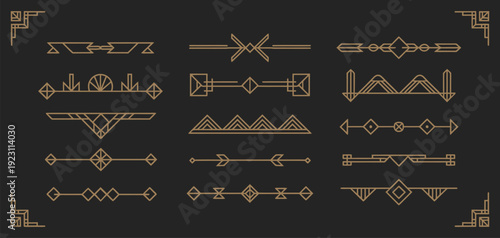 Art Deco border set featuring elegant geometric decorative frames in classic 1920s style with gold linear patterns, luxury vintage vector elements for wedding invitations and menus.