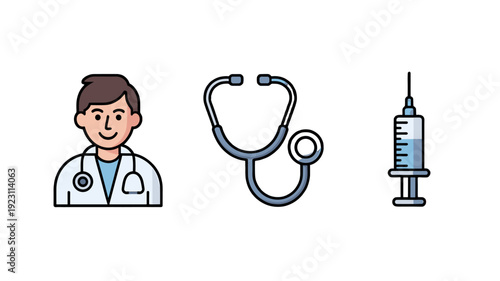 A medical illustration featuring a doctor, stethoscope, and syringe.