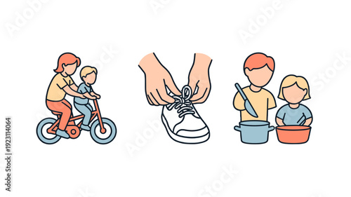 A set of three illustrations depicting family activities: learning to ride a bike, tying shoelaces, and cooking.