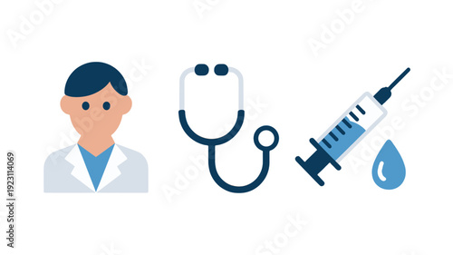 Medical concept illustration with doctor, stethoscope, and syringe.