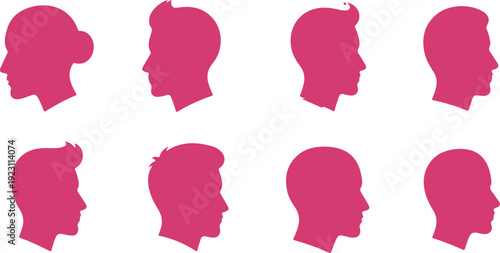Set of eight stylized pink silhouette heads with different hairstyles isolated on transparent background