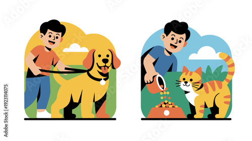 A person takes care of his cat and dog in the park