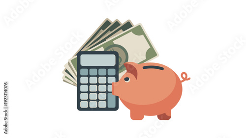 Financial planning elements, including a piggy bank, calculator, and banknotes.