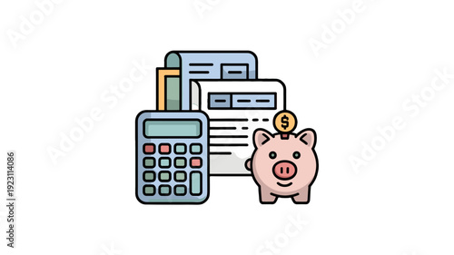 Financial planning with a calculator, piggy bank, documents and a coin.