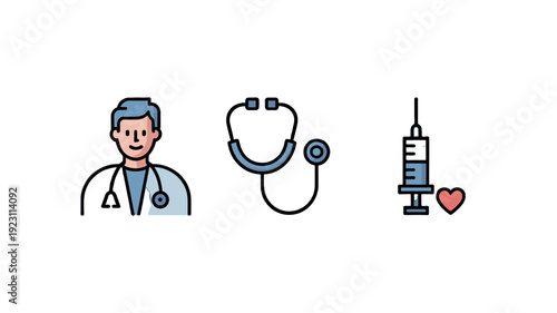 Medical illustrations featuring a doctor, stethoscope, and syringe.