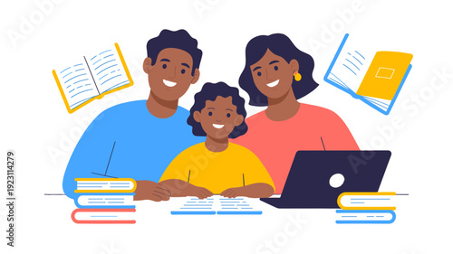 Family enjoying learning and reading at home.