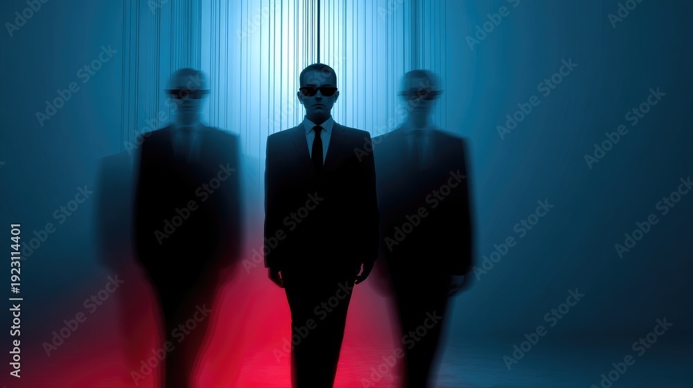 Fototapeta premium Mysterious Group of Men in Suits with Blurred Motion and Sunglasses in Neon Lighting