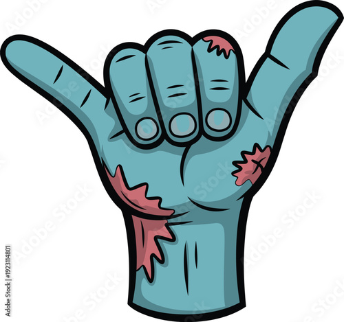 Zombie Hand Showing Shaka Sign Cartoon Vector Illustration Spooky Halloween Gesture with Blood and Wounds Isolated on White Background