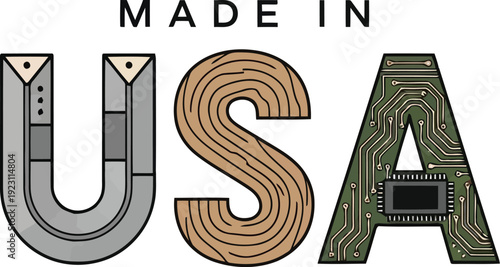 Stylized Made in USA Sign with Circuit Board Design and Wood Texture