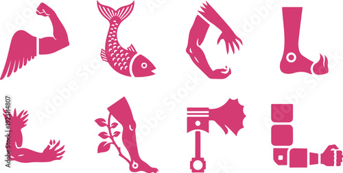 Set of stylized flat design icons featuring muscular arm flexing with wing hand mermaid fish tail and various body parts