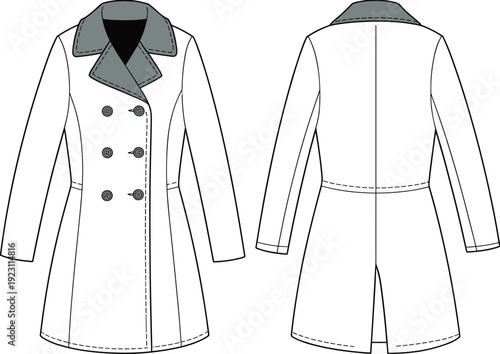 Women double breasted coat technical drawing with front and back views isolated on white background, fashion apparel template for tailoring and garment production