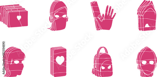 Set of stylized pink icons featuring masks hands and heart symbols isolated on transparent background