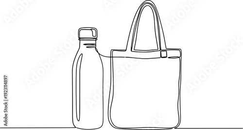 A minimalist line drawing showcases a reusable shopping bag and a glass bottle, symbolizing eco-friendly choices and sustainable living