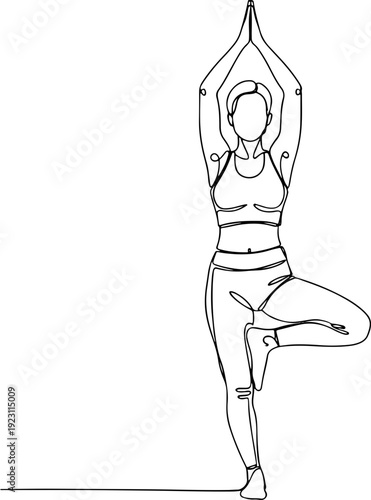 Continuous line drawing of a woman in the Tree Pose, a yoga asana focused on balance and grounding