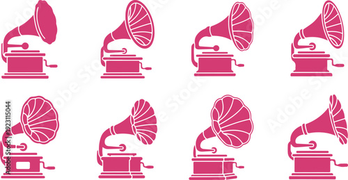 Set of vintage gramophone icons arranged in two rows with transparent background for graphic design projects