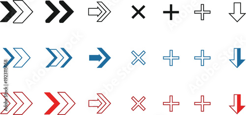 Navigation arrows plus cross and download outline icon set in multiple styles for user interface web design and application controls