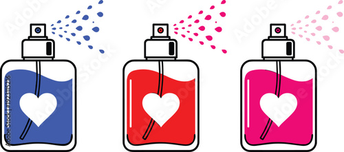 Perfume spray bottles with heart symbol vector illustration set in different colors representing fragrance beauty fashion romance and cosmetic product design concepts