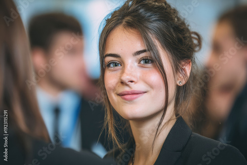 Wallpaper Mural Woman in business attire engage in lively discussions at a conference, moments of interaction and collaboration in a professional corporate environment. Torontodigital.ca