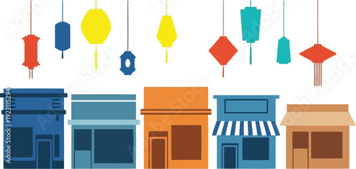 Colorful Vintage Shopfronts with Decorative Lanterns in a Charming Urban Setting