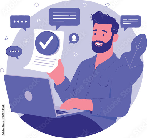 Happy businessman working on his laptop, holding a completed document with a large checkmark, symbolizing successful online contract approval and positive communication.