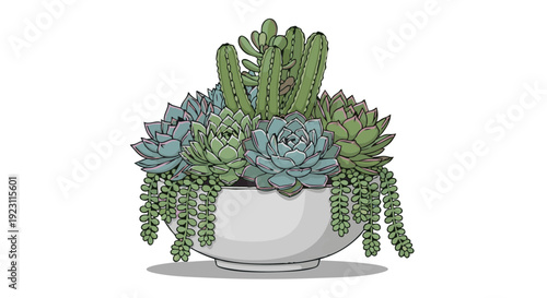 Succulent and cactus arrangement in a modern white pot, vector illustration on a black background.