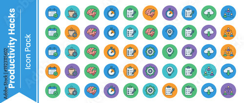 Productivity Hacks Icon Pack with 50 Flat Design Vector Icons for Workflow Optimization, Business Management, Time Tracking, Brainstorming, Task Lists, and Team Collaboration in Colorful Circles.