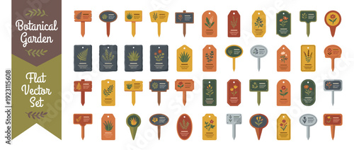 Flat Vector Set of 30 Botanical Garden Plant Labels and Markers in Warm Earthy Colors. Gardening Icon Collection Featuring Tags, Stakes, and Signs for Flowers, Herbs, Succulents, and Ferns.