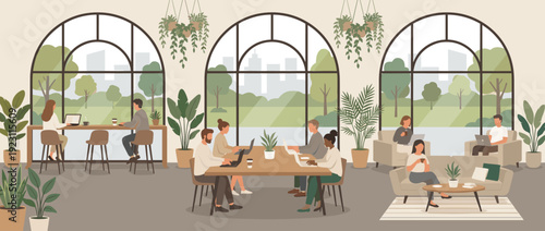 Modern Coworking Space Illustration with People Working on Laptops in a Bright Cafe Interior, Large Arched Windows with Park View, Indoor Plants, Communal Table, and Cozy Lounge Area Seating.
