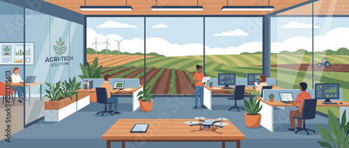 Modern Agri-Tech Solutions office interior with diverse team working on computers overlooking vast agricultural crop fields with wind turbines and drone technology for smart farming innovation.