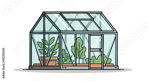 Small greenhouse with potted plants. Vector illustration of a glasshouse for gardening and horticulture.