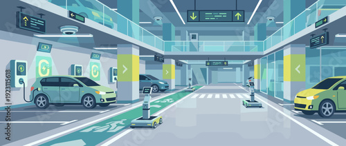 Futuristic smart parking garage vector illustration featuring electric vehicle EV charging stations, autonomous robots, digital signage, and advanced sensors in a modern urban underground facility.